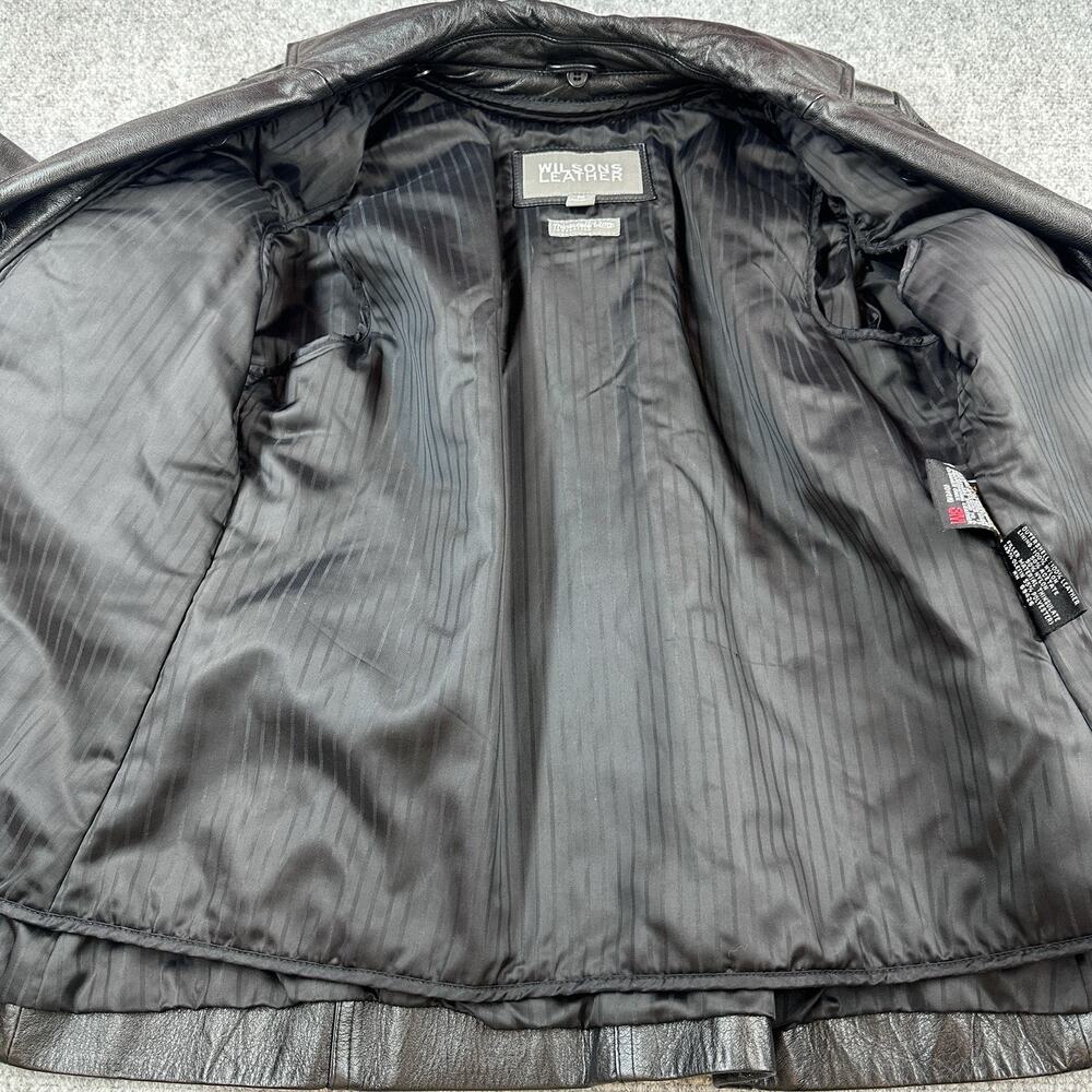 Wilsons Leather Black Leather Jacket Womens M Belted Lined Button Minimalist - Picture 10 of 12